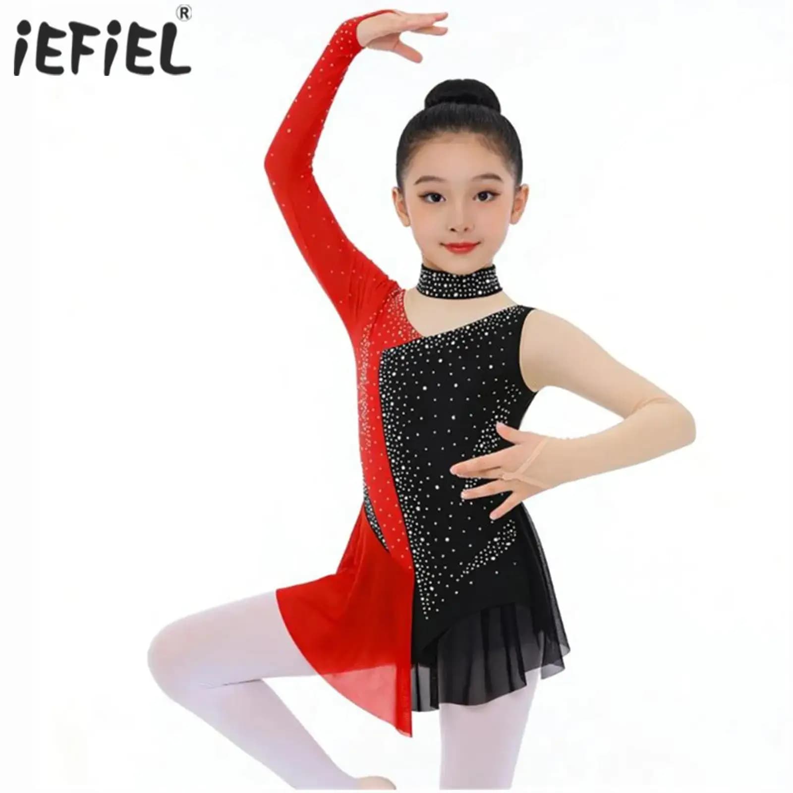 Body da Balletto per Bambine con Strass Scintillanti, Costume da Ginnastica Artistica e Pattinaggio Artistico con Rete Trasparente