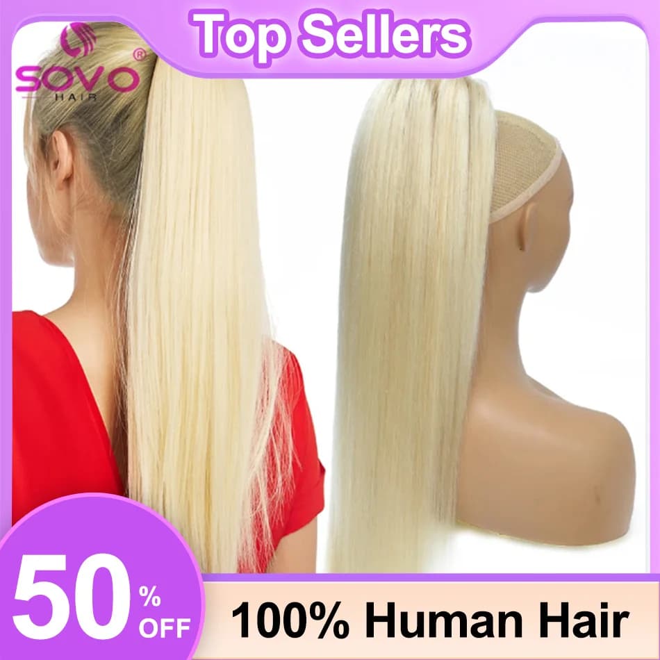 SOVO Coulisse Horsetail Human Hair Smooth European Blonds Highlights Real Natural Hair Extensions Clips in Horse Code Wig