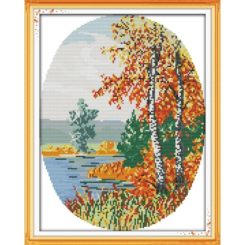 News Pre-Printed Cross Stitch Kit, Stamped Aida Fabric With DMC Threads, Embroidery Kit - Rural Scenery(Autumn)