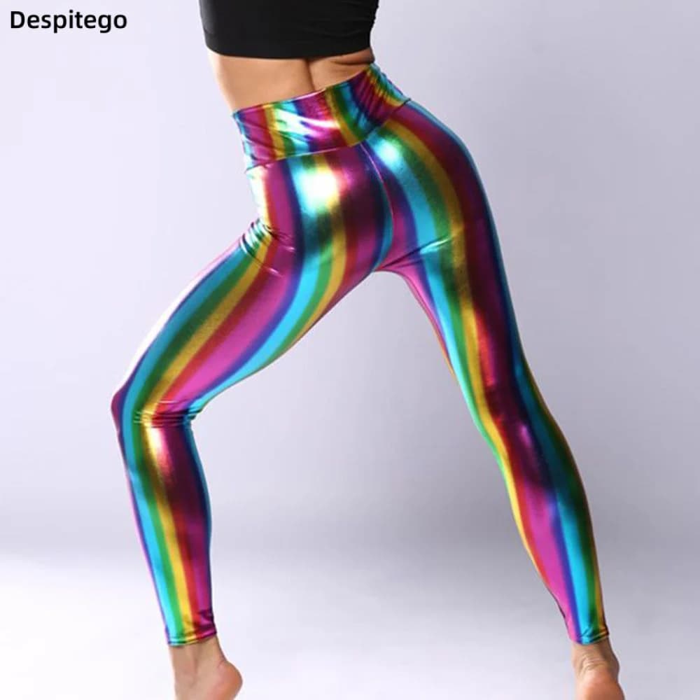 Women Ladies Stripe Disco Adult Costume Leggings Retro Rainbow Pants Leather Pants