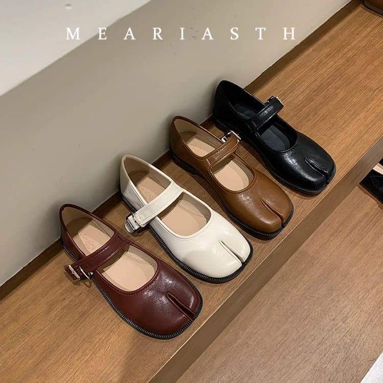 Meariasth Mary Jane tabi Shoes Female sofe Genuine Leather 2026 New Snap Ballet Shoes Women split toe Flat Cowhide Ladies Shoes