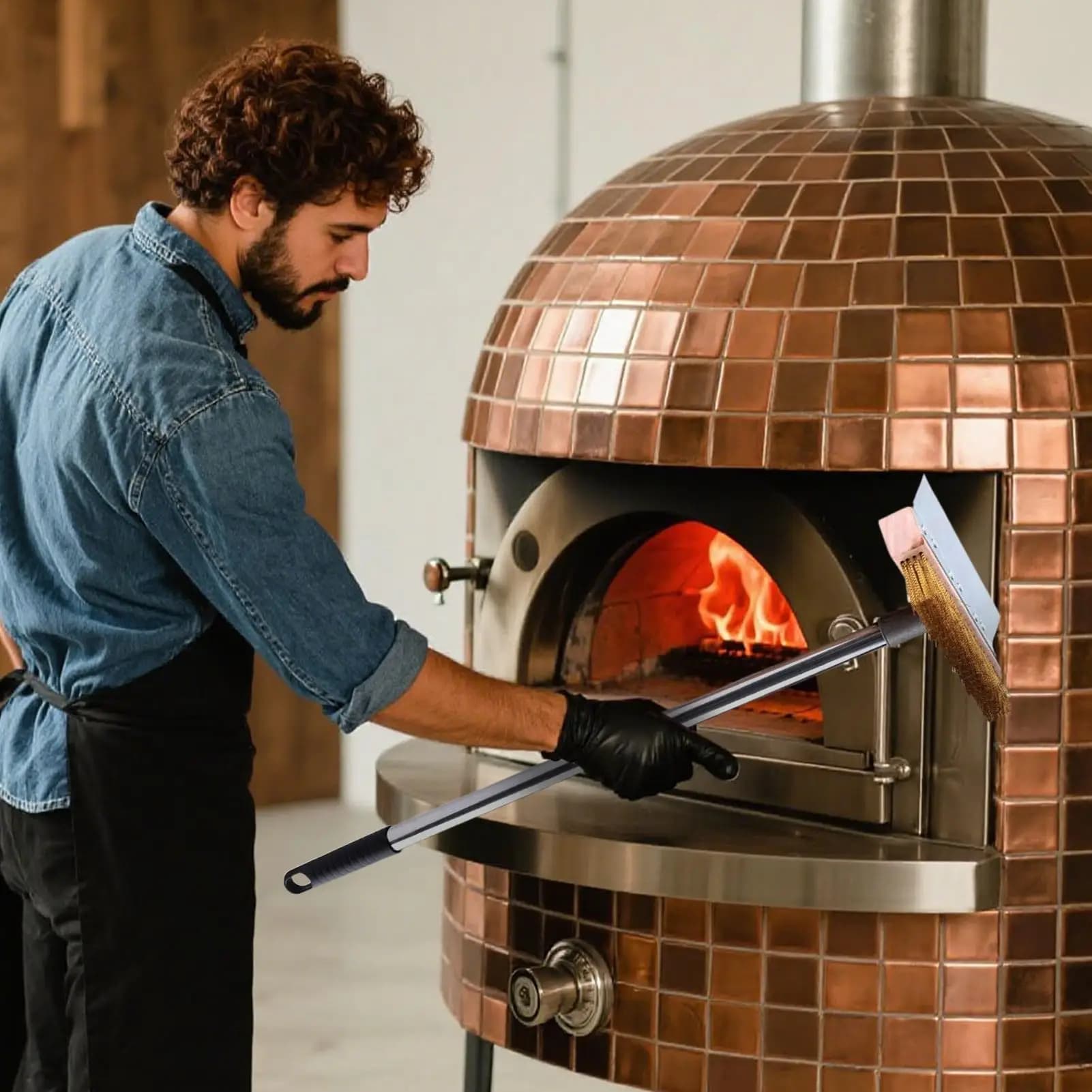 Spazzola e raschietto per pietra per pizza Spazzola per griglia resistente Strumento per la pulizia del forno per pizza resistente per studenti culinari in cucina nel cortile
