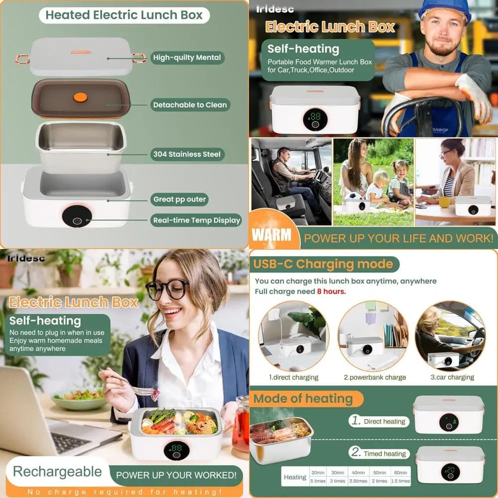 Lunch Box elettrico portatile senza fili - 1 litro, autoriscaldante per ufficio, auto, uso esterno