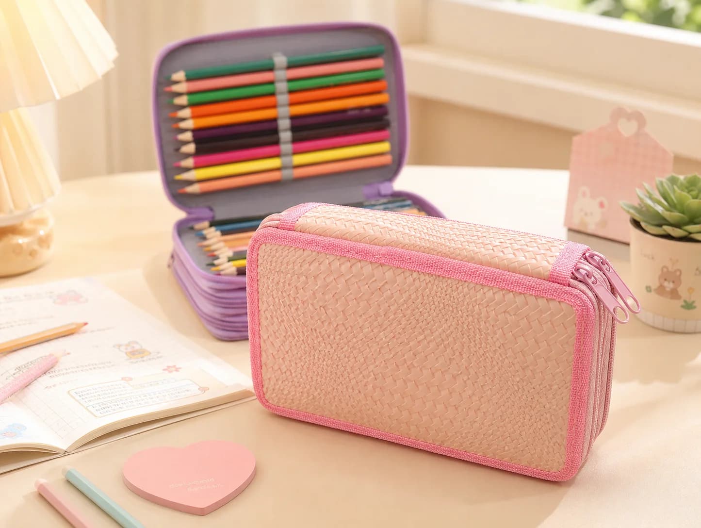 Double-Layer Woven Pencil Case, Large Capacity. Suitable for Girls and Students, Use for Storing Colored Pencils and Art Sup