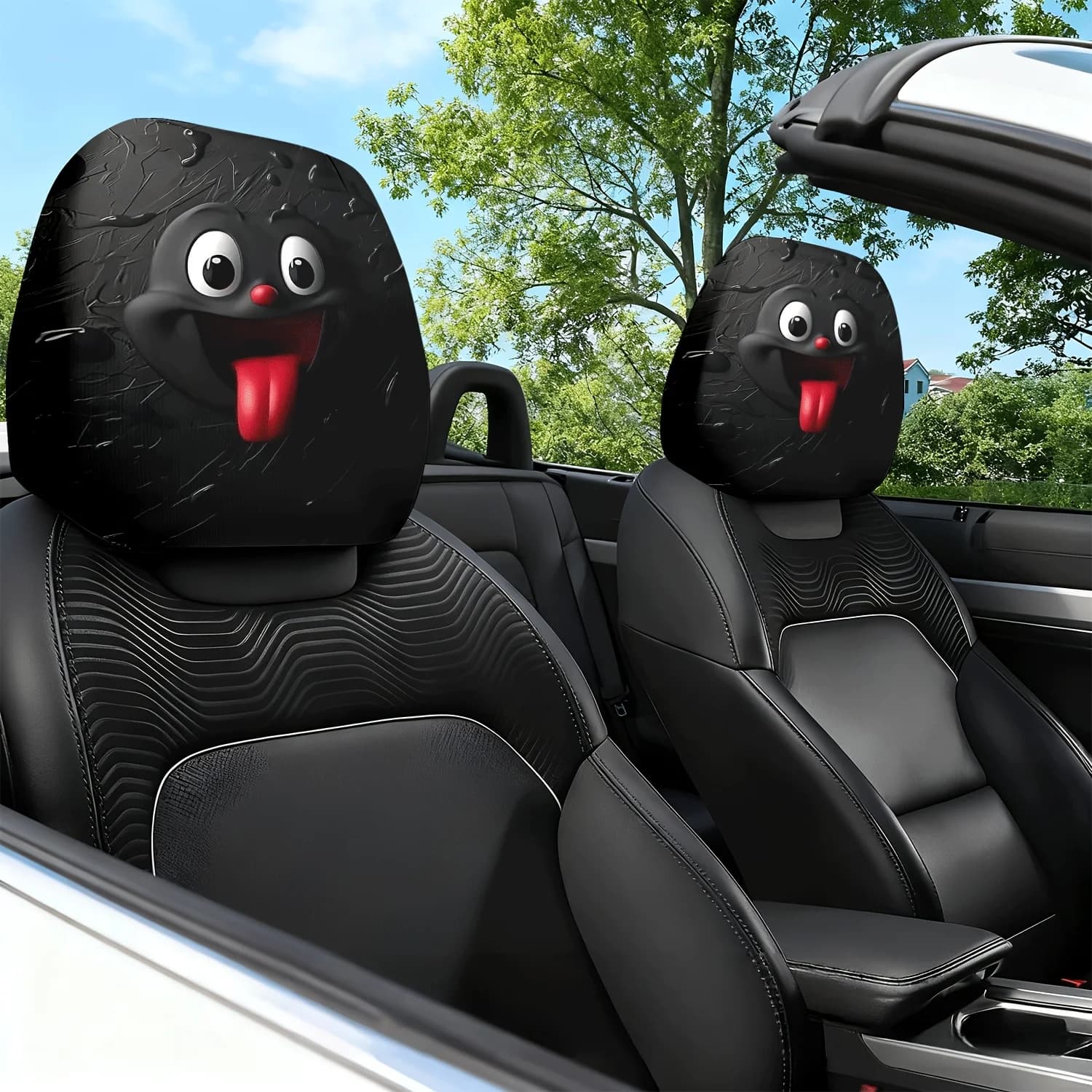 2pcs Cartoon Black Humor Funny Expression Themed Print Pattern Car Seat Cushion Headrest Neck Pillow Protector Cover - with Cu