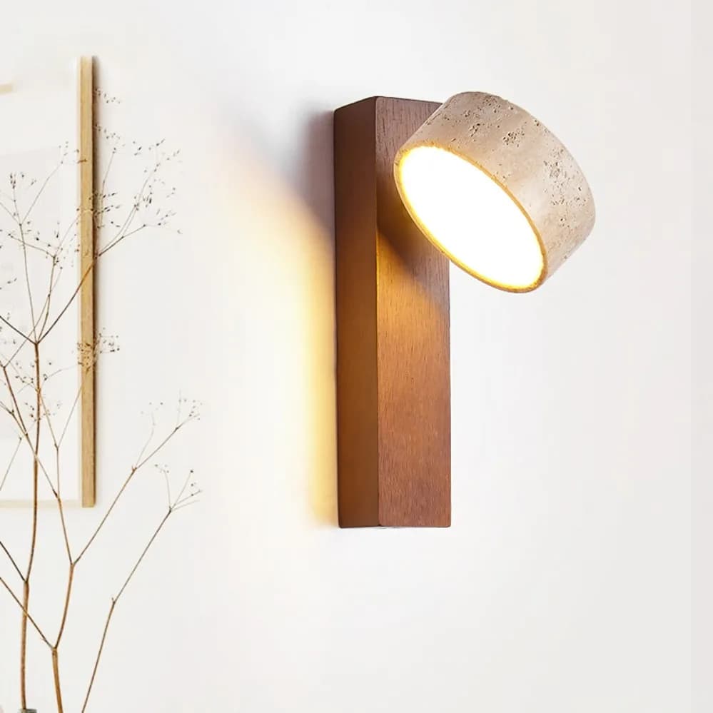 Lampada da parete giapponese in travertino giallo Wabi Sabi con interruttore a catena a tirante Luci rotanti in pietra di legno a LED per illuminazione da comodino