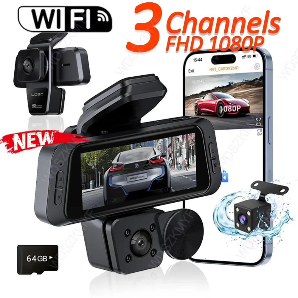 2025NEW 3 Channels WIFI Control Car Dvr 1080P Dash Cam for Auto Camera for Front View and Rear Camera for Auto Assecories