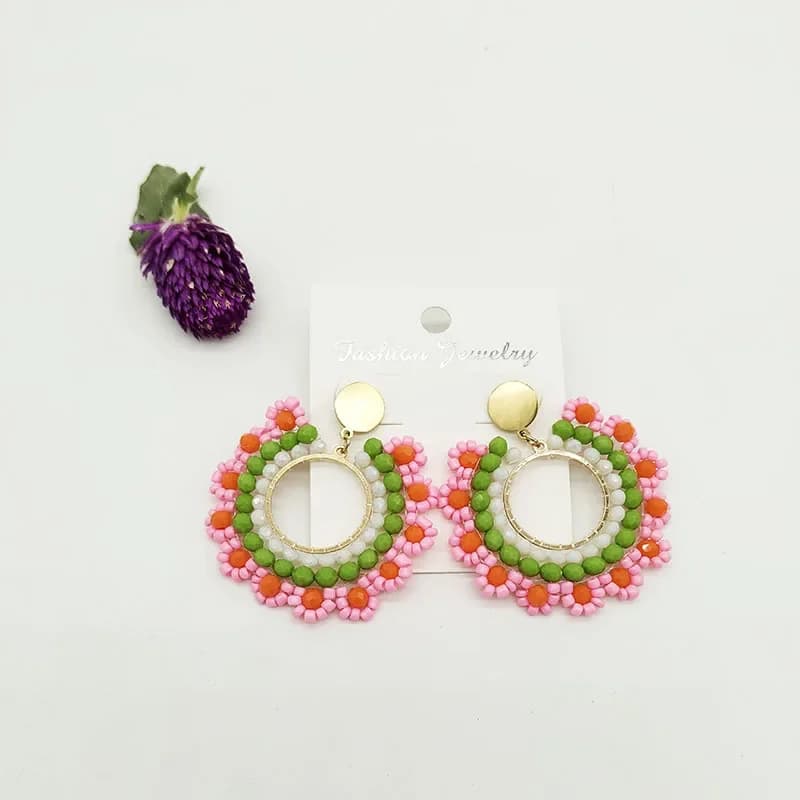 Orecchini con perline cerchio fiori colore originalità grafico maglia a mano lega di boemia marea semplici orecchini con perline di riso
