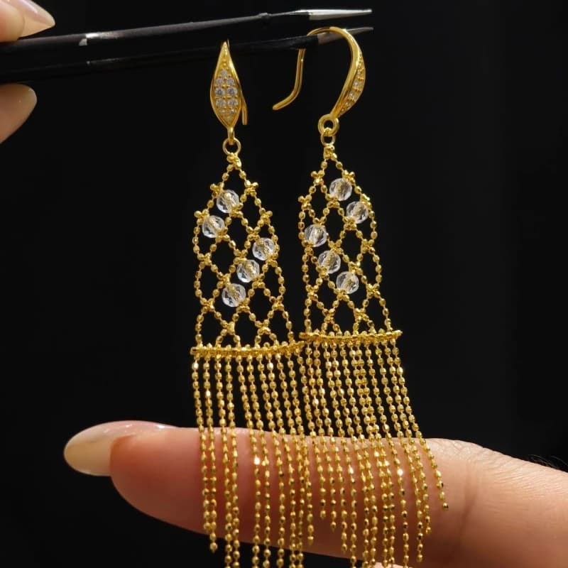 Bellux Women's Jewelry Italian Lace White Crystal Earrings S925 Pure Silver Plated 18K Gold vintage Tassel Earrings