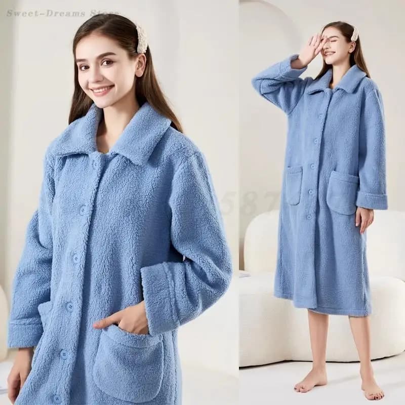 Women's Coral Fleece Nightgown Sleepwear Thickened Warm Home Clothes Coat Winter Lounge Wear Loose Casual Nightwear Bathrobe