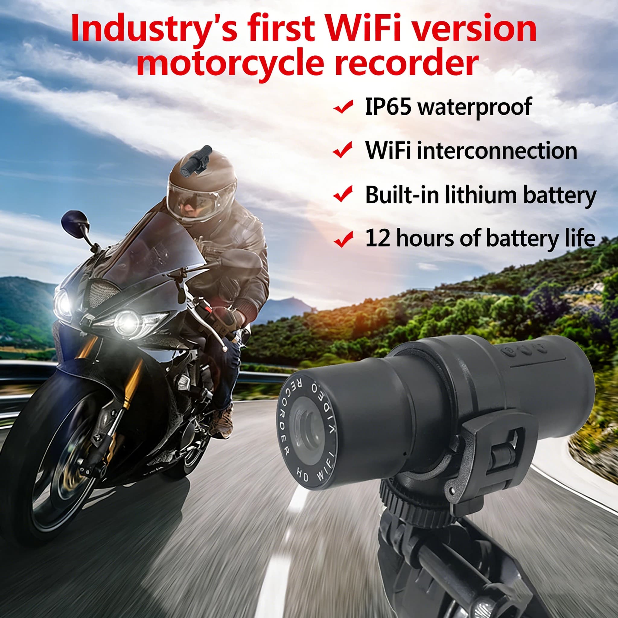 DV Sports Camera with Flashlight, Full HD 1080P Helmet Camera, Ideal for Bikes, Cycling, Moto, Waterproof Camera