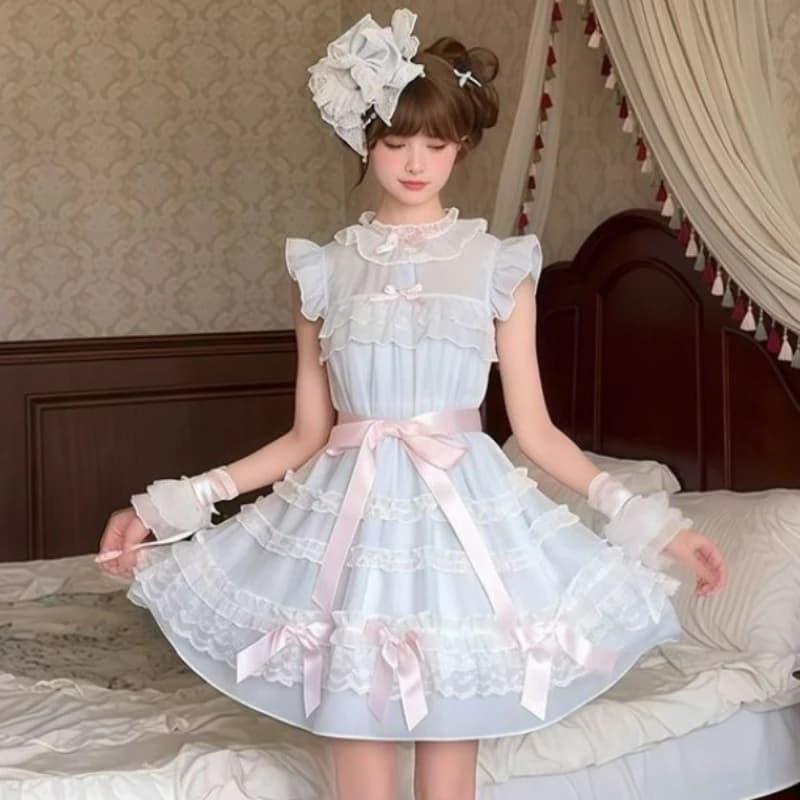 Abiti in Stile Lolita Giapponese per Donne, Vestiti Kawaii con Fiocco e Pizzo, Abito Slim da Festa, Vestiti Principessa Senza Maniche Y2k per Ragazze