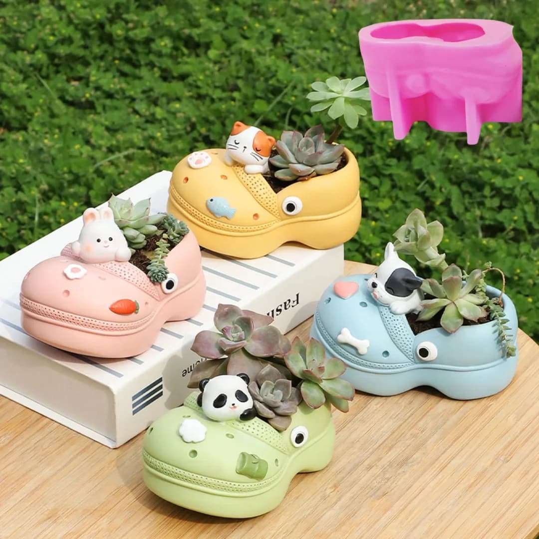 Pantofole per animali 3D Pianta grassa Vaso di fiori Stampo in silicone in resina Foro Scarpe Sandali Scatola di immagazzinaggio Portapenne Stampo in gesso di cemento