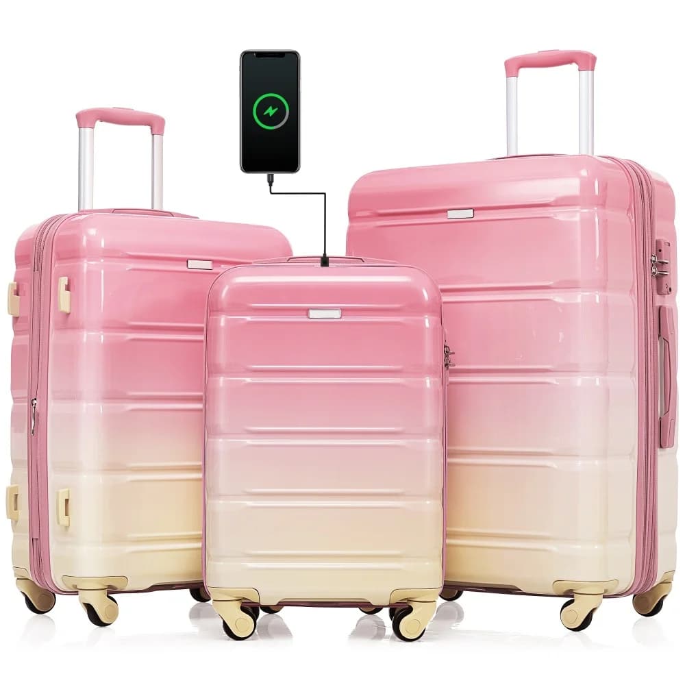 Luggage Set of 3, 20-inch with USB Port, Airline Certified Carry-on Luggage , ABS+PC Hard Shell Luggage with Spinner Wheels