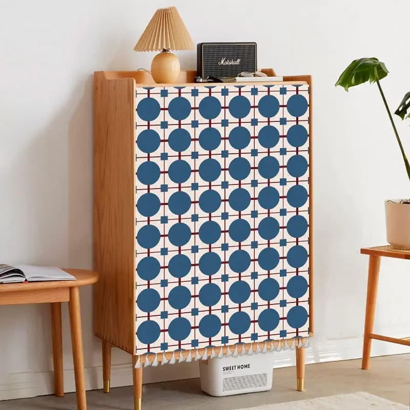 VIKAMA Retro Polka Dot Cabinet Curtain No Drill Magic Tape Blue Circle Print Self Adhesive Furniture Cover Home Decor