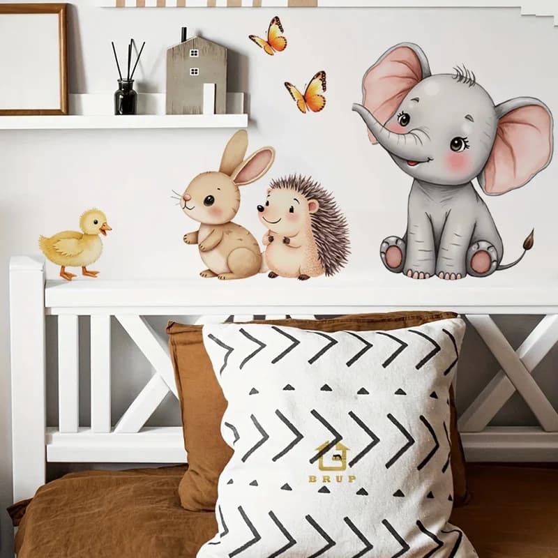 Wall decal with cartoon animals - Decalcomania for elephant kindergarten, curly bunny, removable decoration for children's room, games room, wall art for home