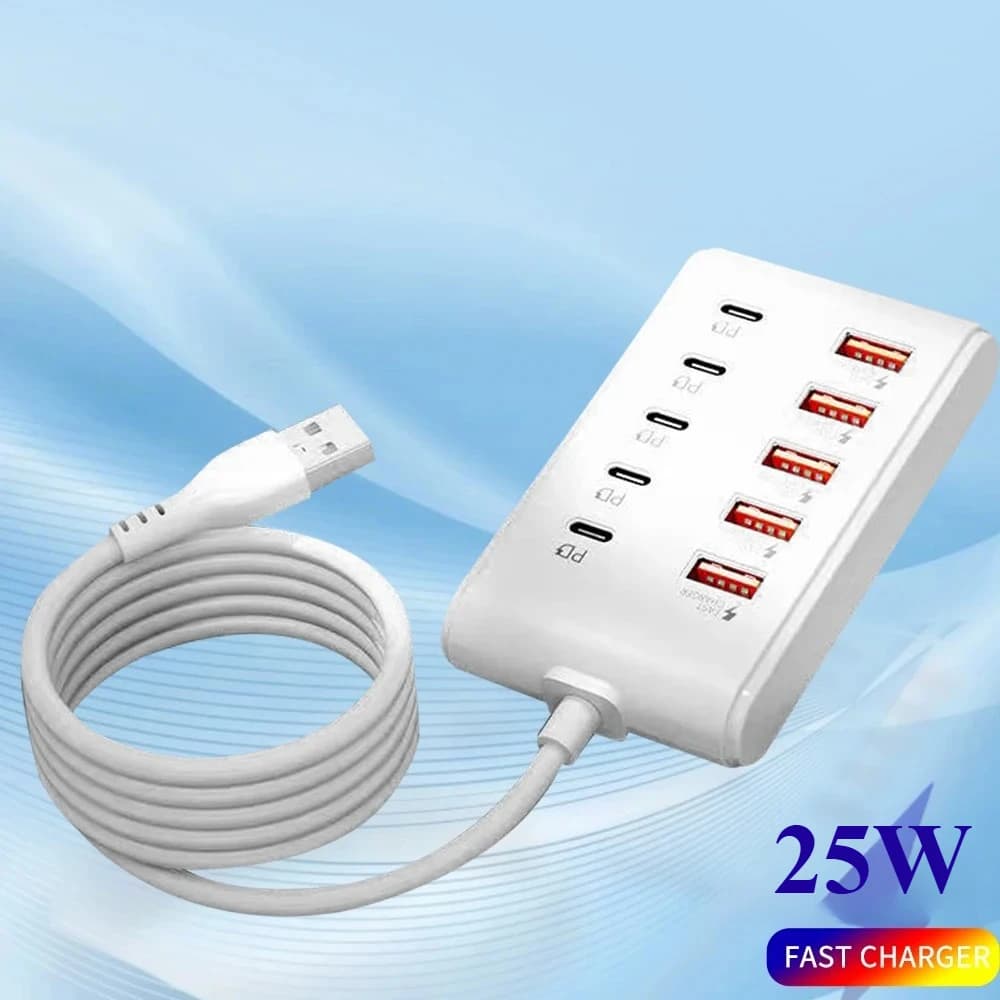 Hub Caricatore USB a 10 Porte, Stazione di Ricarica Rapida 66W, Adattatore Hub Dati USB 2.0 Multi-Porta per iPhone Samsung Xiaomi, Ricarica da Scrivania