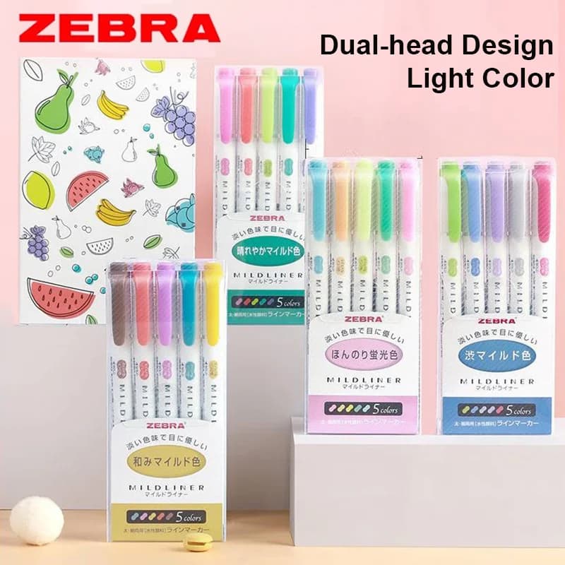 ZEBRA 5 pezzi Evidenziatori Set 2 in 1 Doppia punta Manuale Penne Marcatura Note Colorate Sottoglimenti Accenti Studente di cancelleria estetica