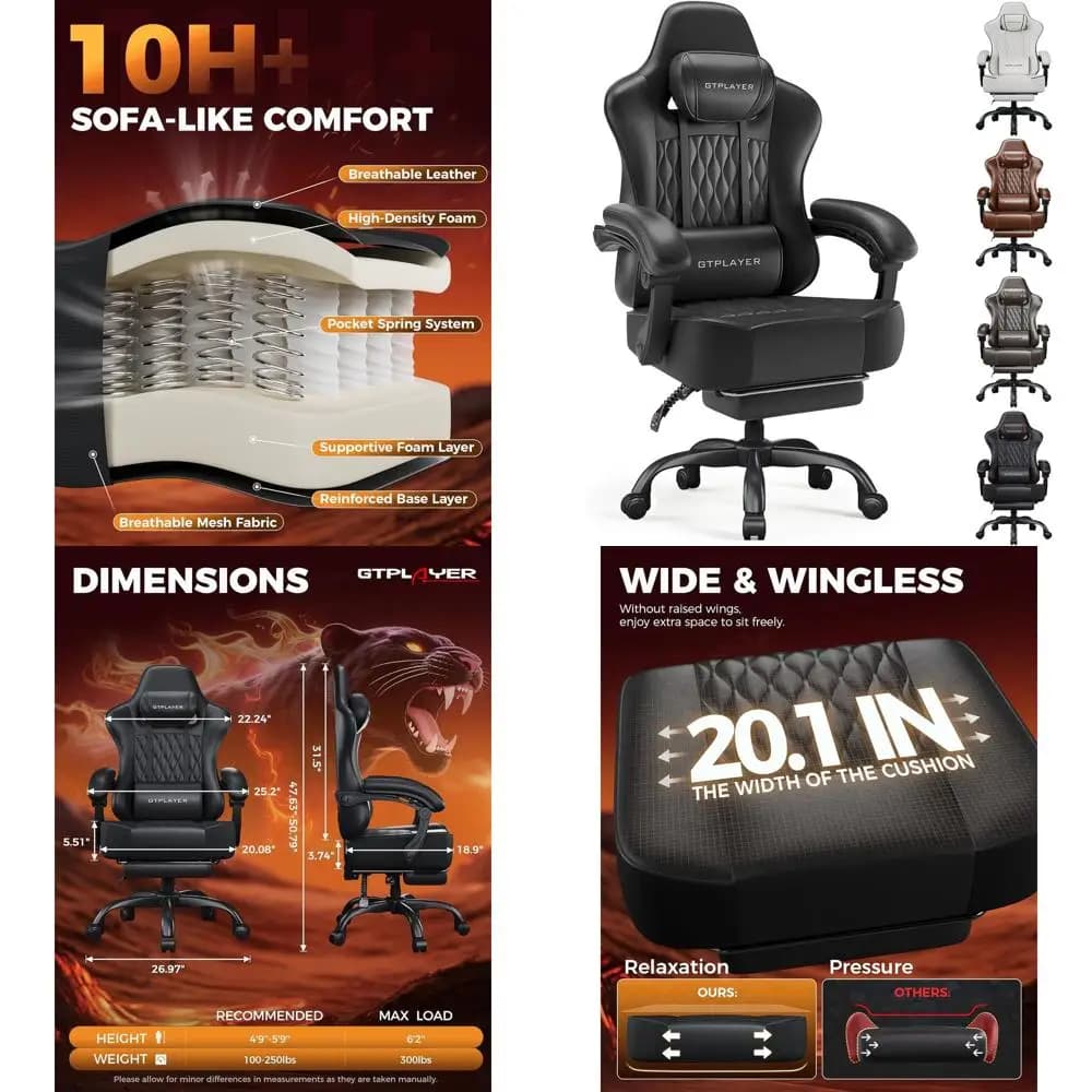 Sedia da Gaming Ergonomica per Persone Alte e Robuste con Cuscino Spesso, Seduta Larga con Schienale Alto, Comoda in Pelle, Nera