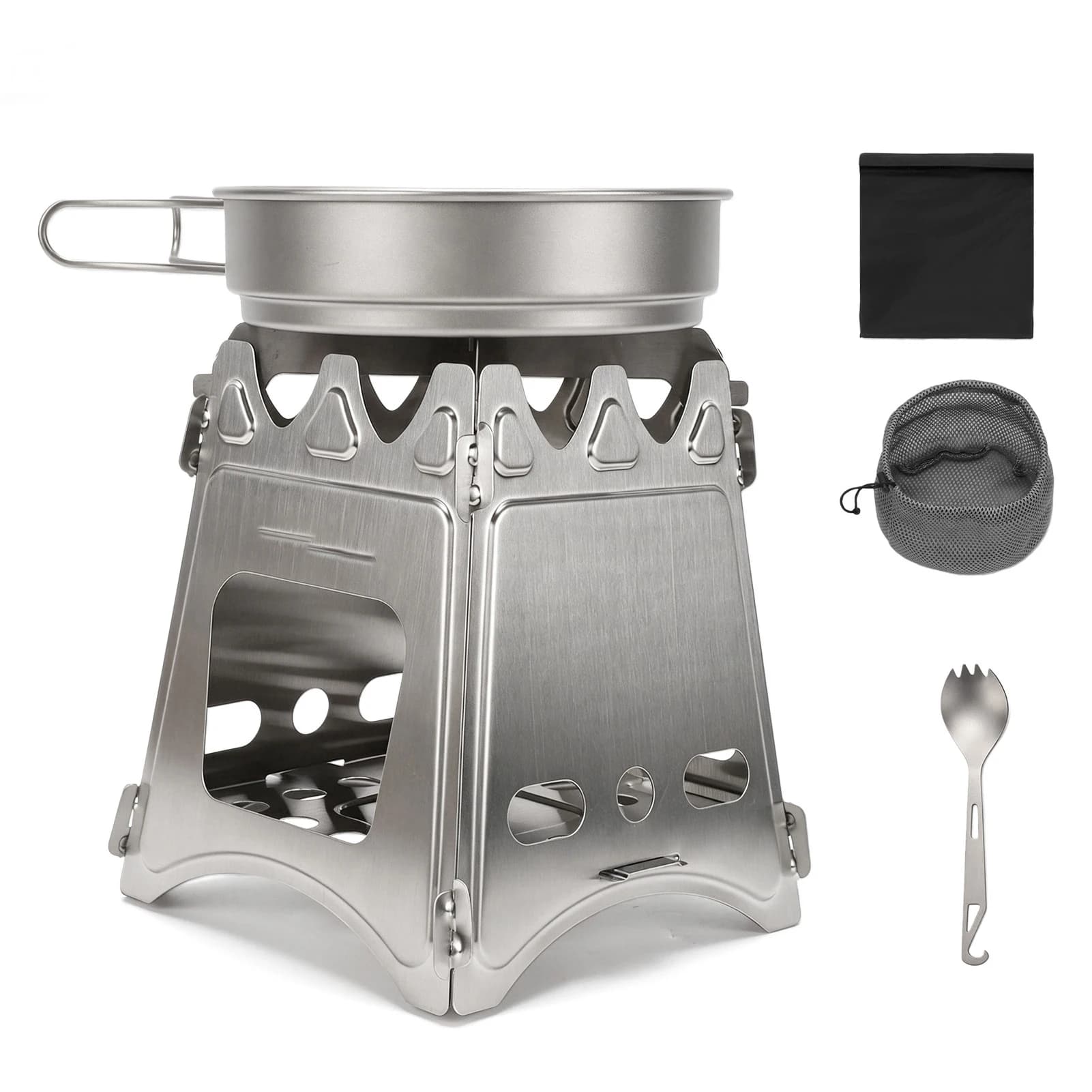 Camping Cookware Set Stainless Steel Foldable Firewood Stove Ti Fork Spoon 500ML Ti Frying Pan for Outdoor Camping Hiking Picnic