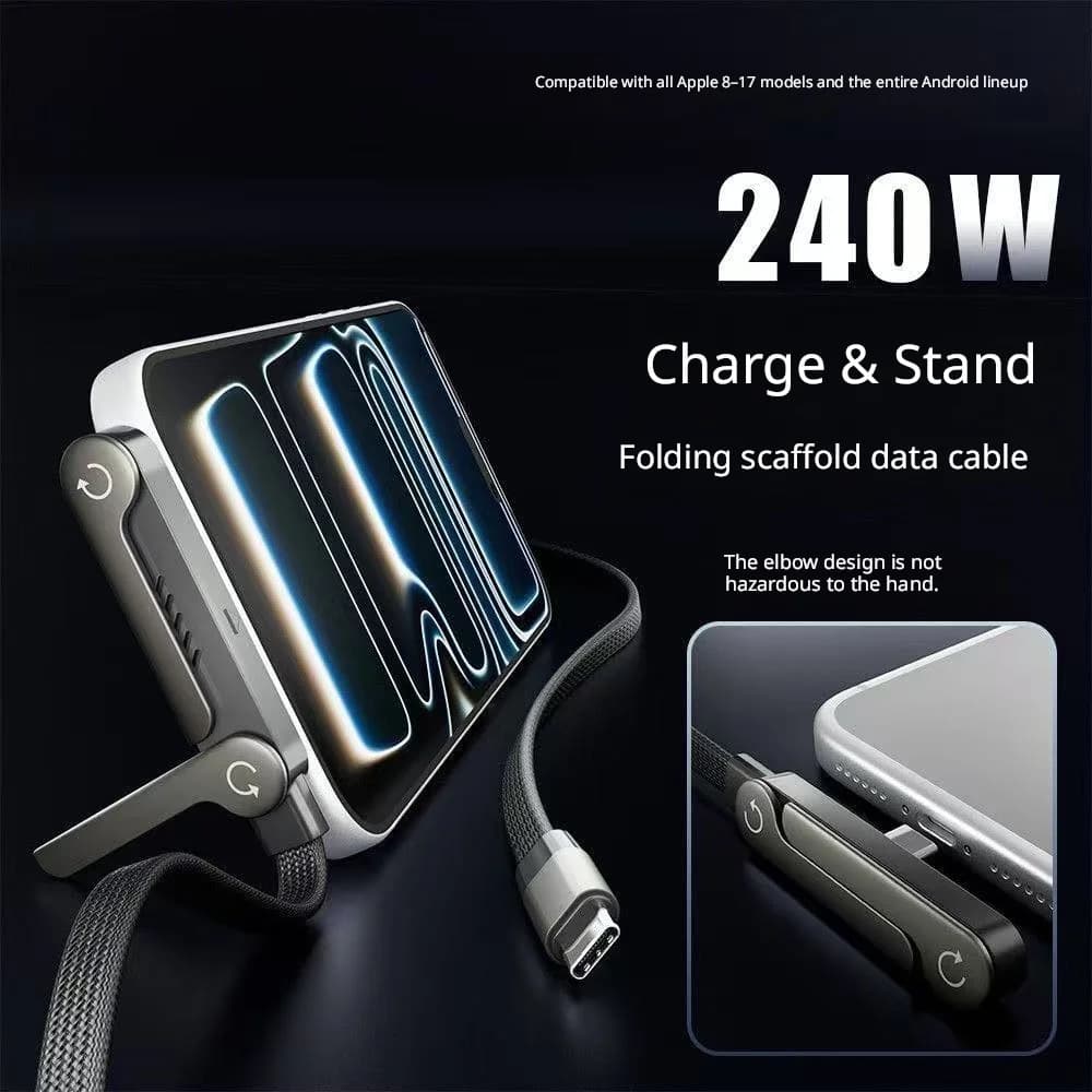 240W USB-C to USB-C Fast Charging Cable with Foldable Phone Stand, 360° Rotatable Elbow Gaming Data Cable