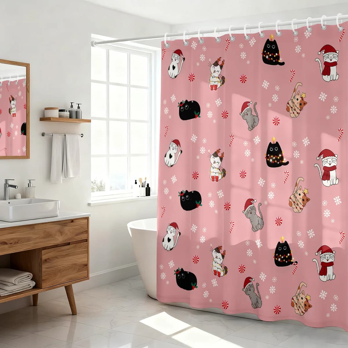 Tenda da doccia impermeabile con stampa gatto natalizio rosa da 1 pezzo, tenda da appendere per privacy con 12 ganci, dimensioni multiple