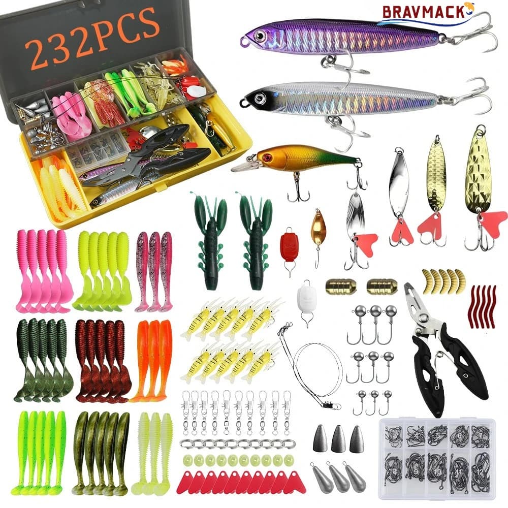 BRAVMACK 232Pcs Soft Hard Fishing Lure Set Minnow Crank Spoon Tackle Box For Bass Pike Freshwater Pesca