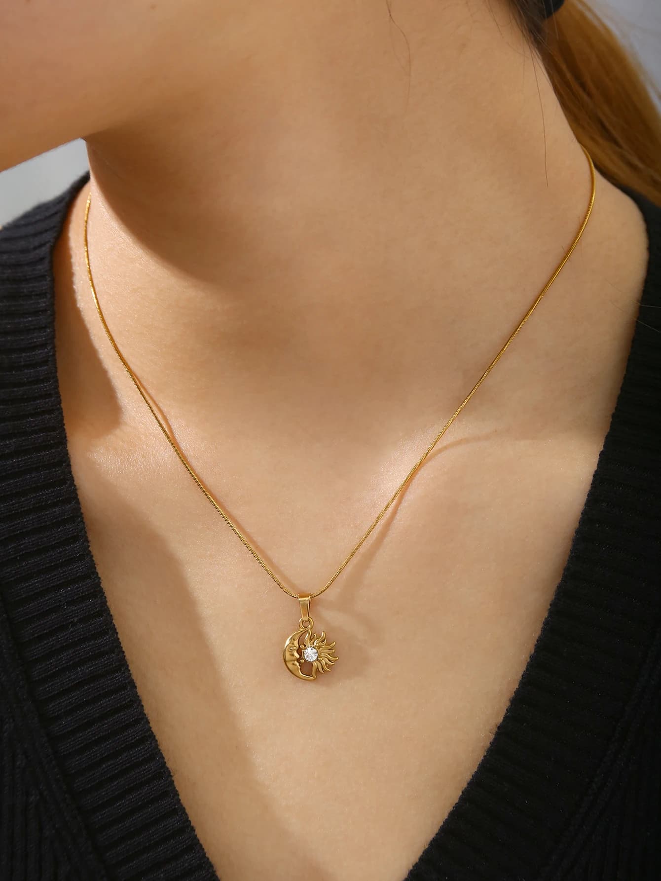 18K Gold Plated Stainless Steel Sun and Moon Pendant Necklace with Diamonds, Vintage, Niche, Unique and Elegant for Women