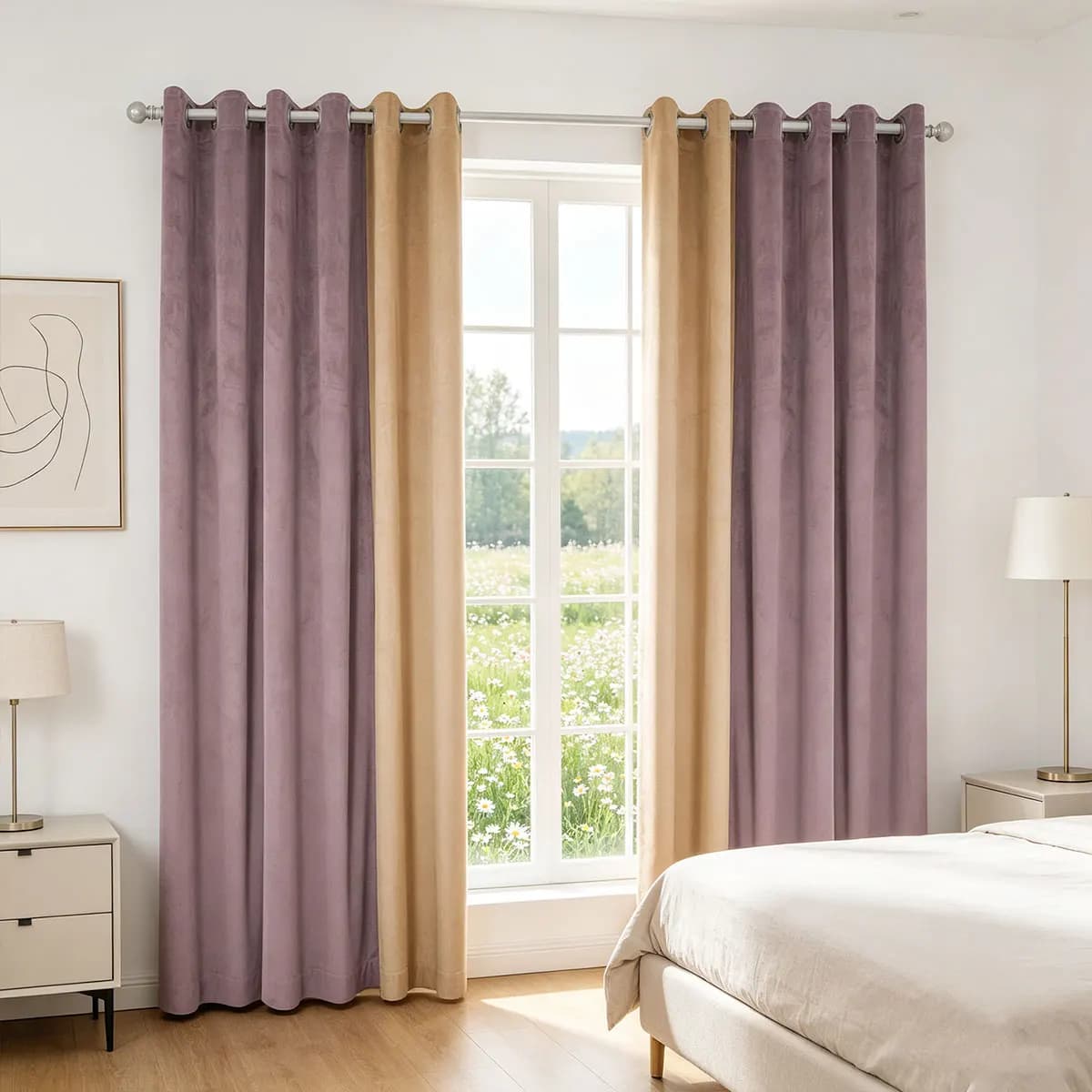 Two-Tone Velvet Blackout Curtains, Full Light Blocking Window Drapes, Thermal Insulated Noise Reducing Grommet Curtains for Bedroom Living Room Home Decor