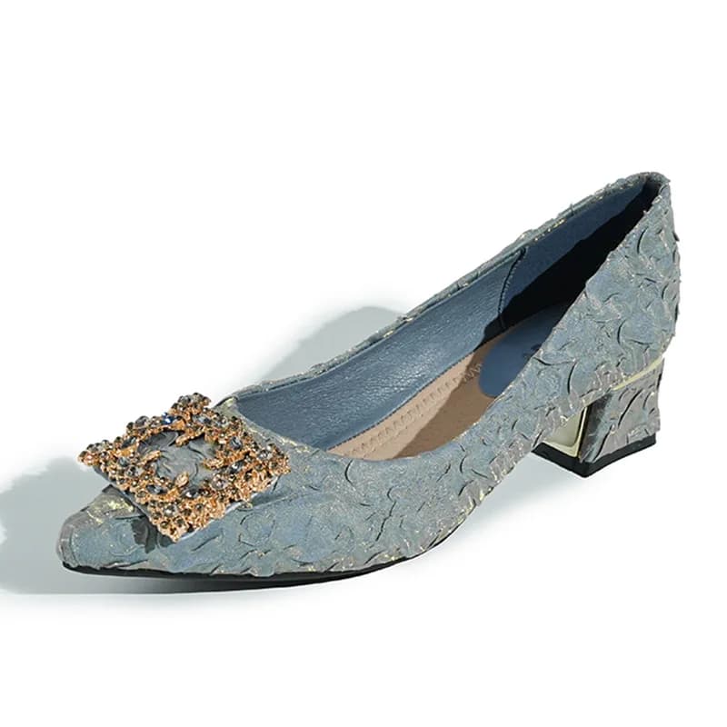 Fashion Blue Satin Rhinestone Buckle Women's Sandals Pointed Women's Shoes Thick Heel Single Shoes for Women Sandalias De Mujer
