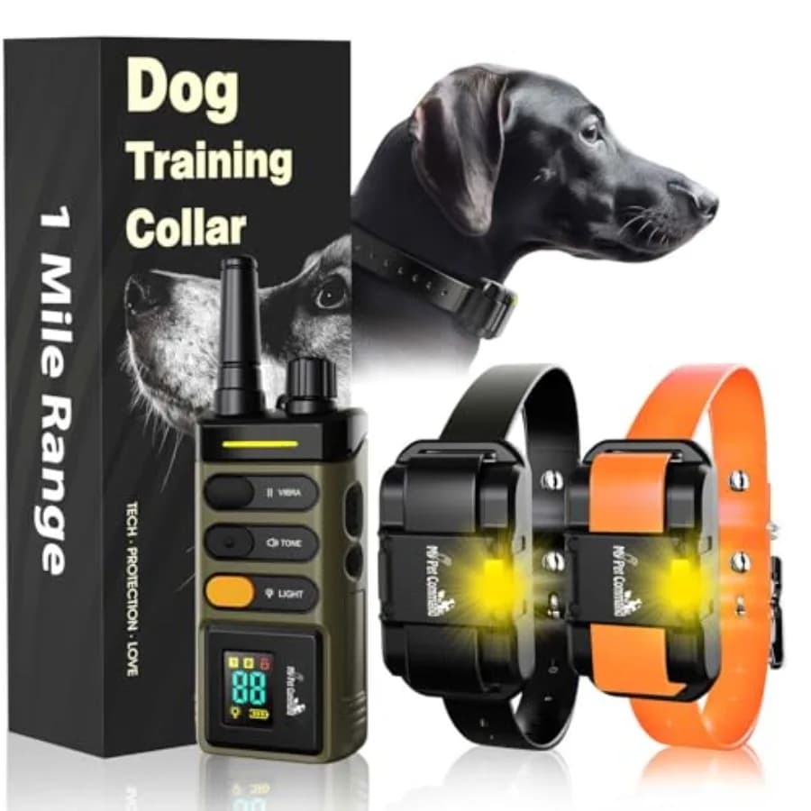 Collare per Addestramento Cani a Lungo Raggio per Uso Esterno, Impermeabile in Nylon, Nero, Portata 1 Miglio con Funzioni Shock/Vibrazione/Tono/Beacon, Ricaricabile
