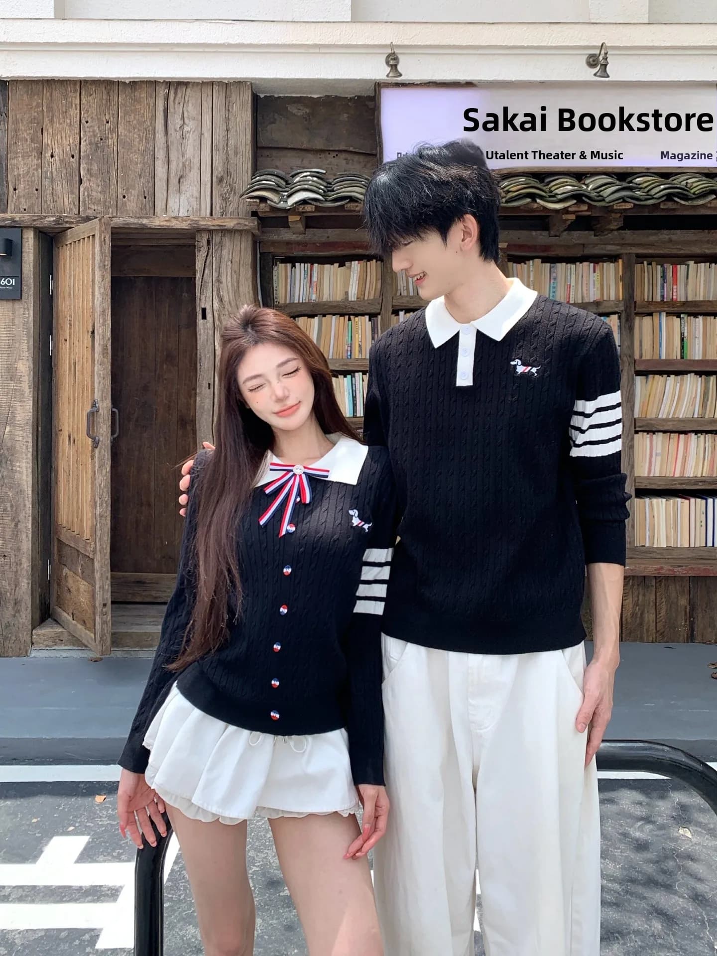 Korean Style Collar Knitted Sweater with Embroidered Dog Pattern for Couples Autumn Season Soft Comfortable Long Sleeve Top