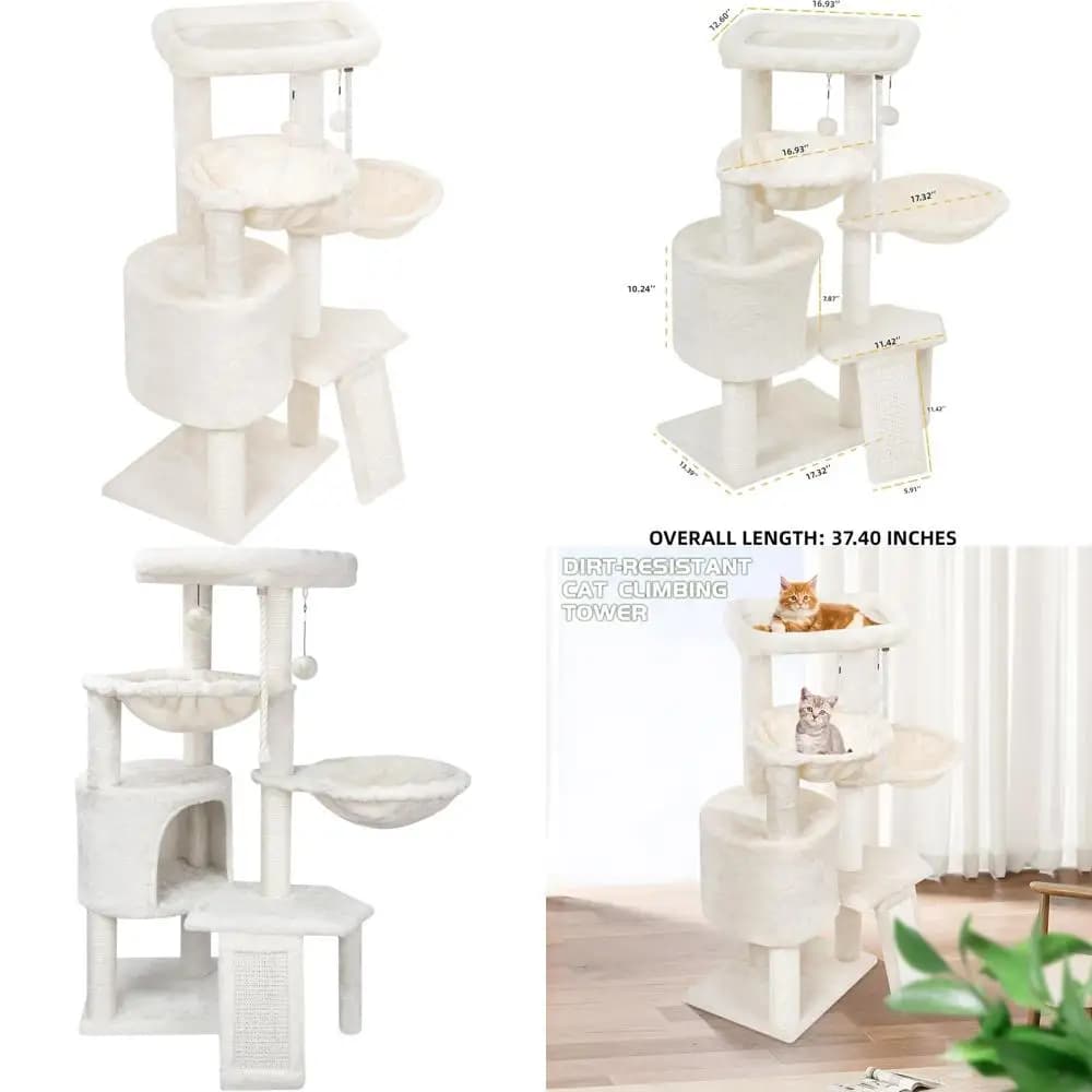 Albero per Gatti a Tre Livelli Beige con Cuccia, Tiragraffi e Doppie Amache
