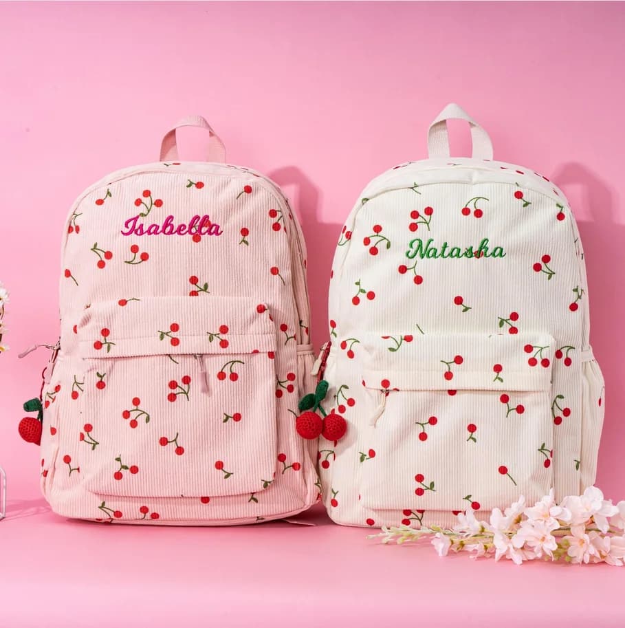 Zaino personalizzato in velluto a coste con ciliegie, borsa per libri per bambini con ricamo personalizzato, borsa da scuola per bambini, schiena per bambini con nome