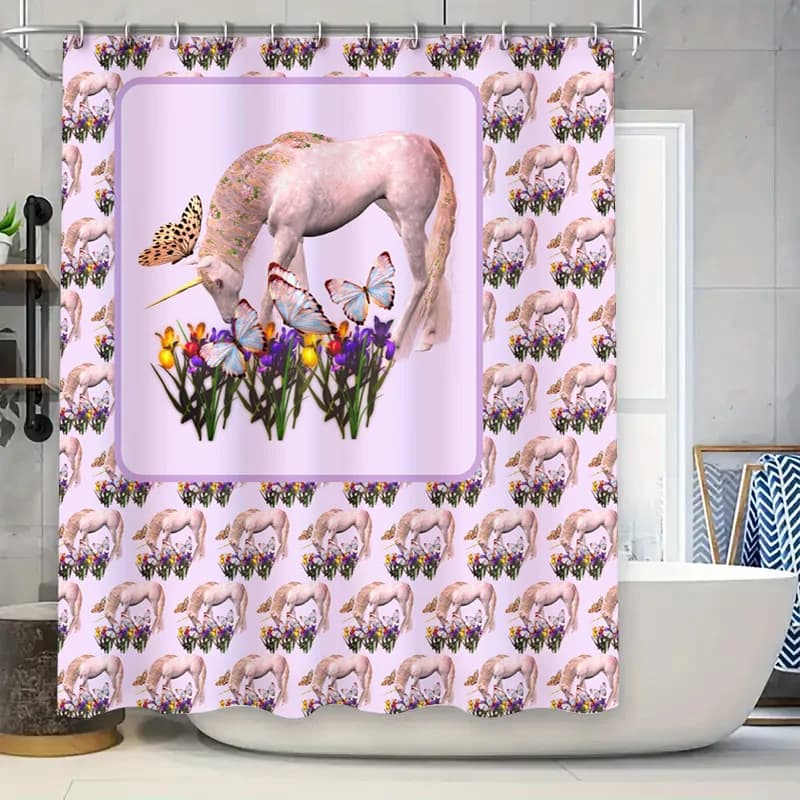 Tenda da doccia unicorno rosa con design floreale, arredamento da bagno unisex per bambini e adulti, facile installazione con gancio incluso (viola)