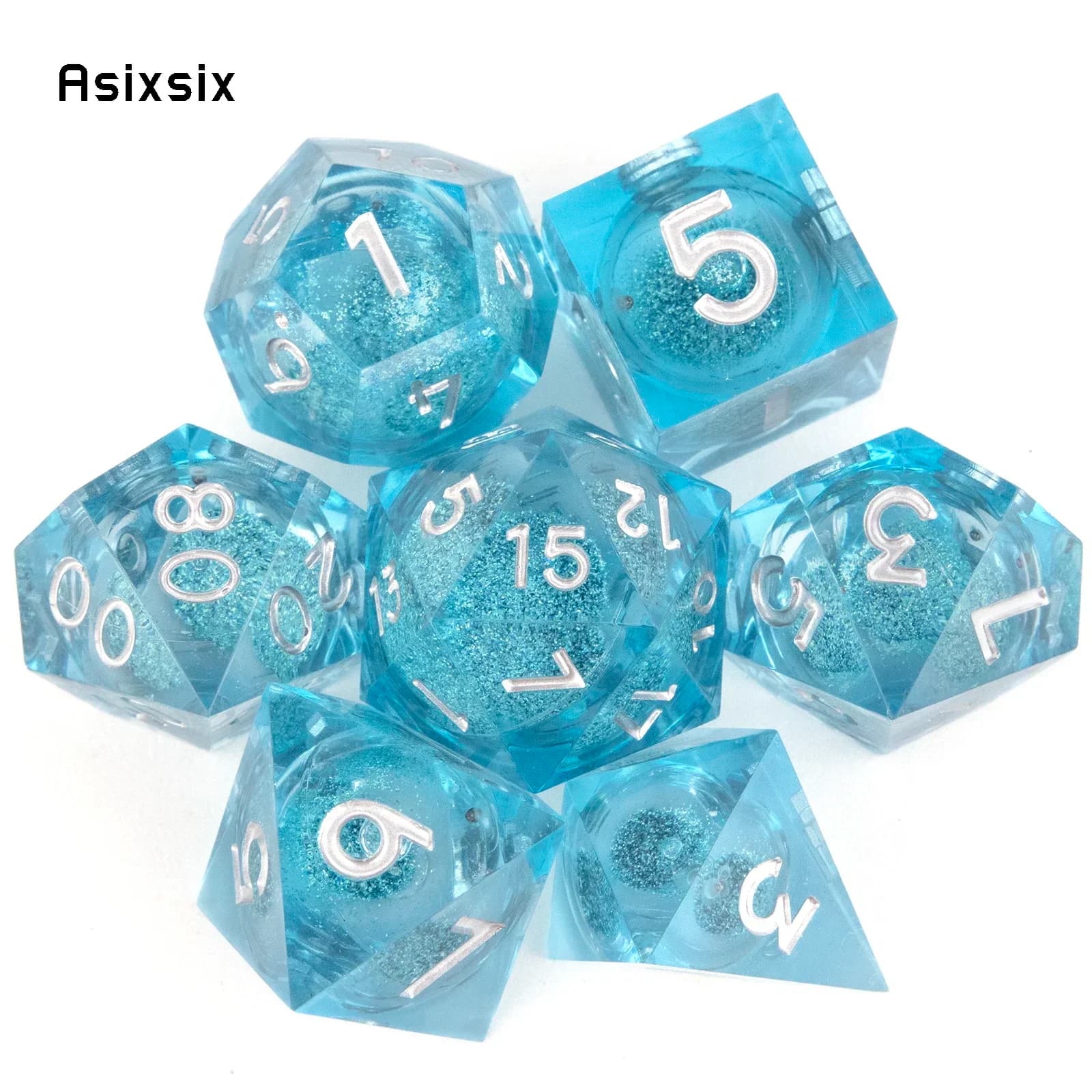 Set di 7 Dadi Poliedrici in Resina Blu con Sabbia Fluida e Numeri Bianchi, Bordi Affilati, Adatti per Giochi di Ruolo e da Tavolo