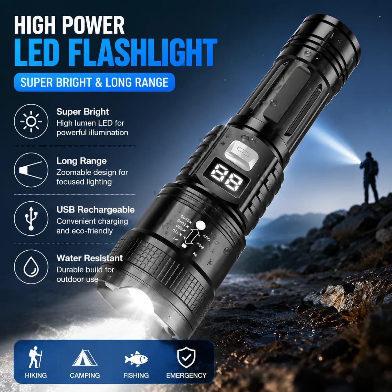 Torcia LED P50 ad Alta Luminosità con Display Digitale della Batteria, Zoom Telescopico, Impermeabile, USB, Portatile per Uso Esterno