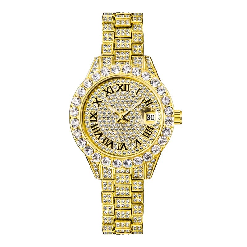 Nuovi orologi ghiacciati per donna Orologio al quarzo con calendario impermeabile con diamanti pieni di moda in scala romana, regalo da donna