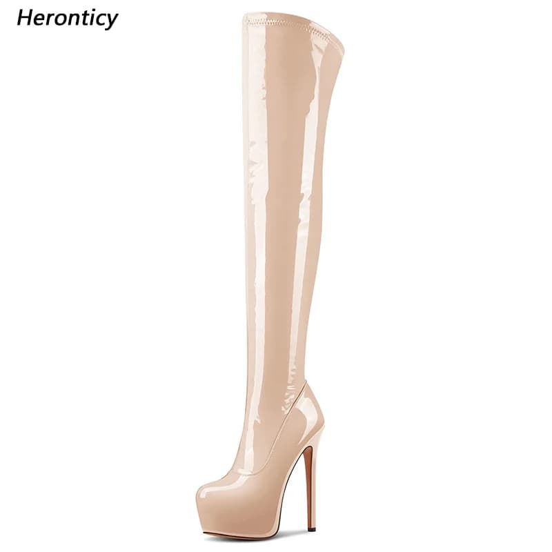 Stivali alti alla coscia in pelle verniciata fucsia realizzati a mano - Tacchi a spillo con plateau grosso, costume da spettacolo di pole dance taglia 35-48