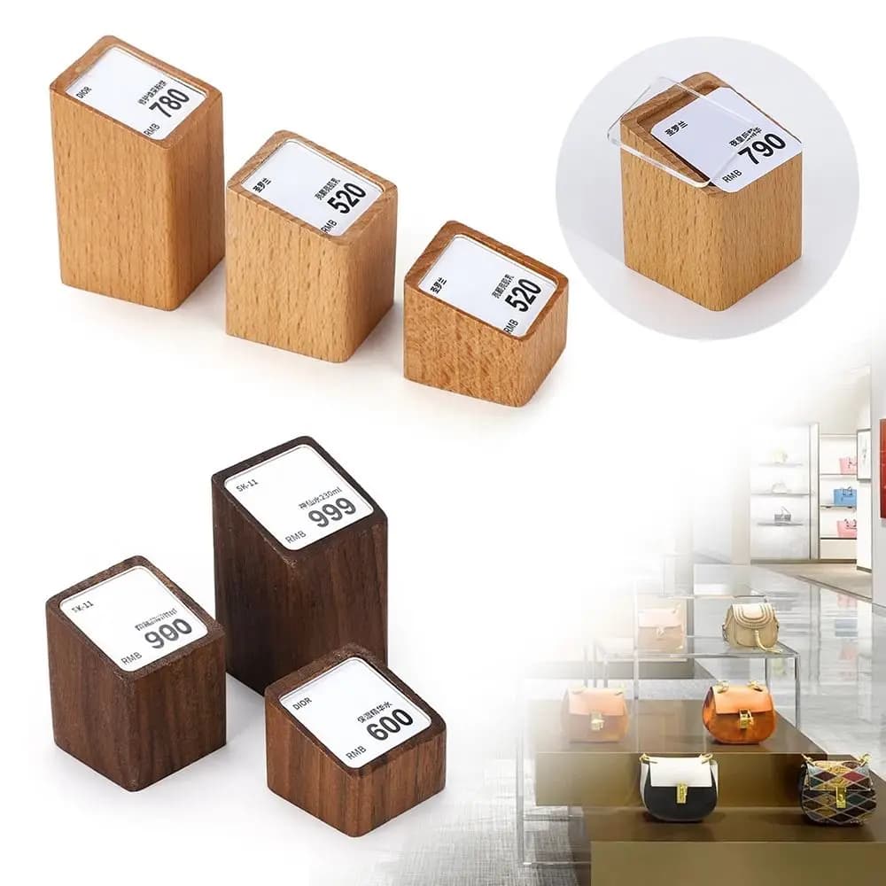 Espositore per Etichette Prezzi Multimisura in Acrilico Kahki Coffee con Base in Legno
