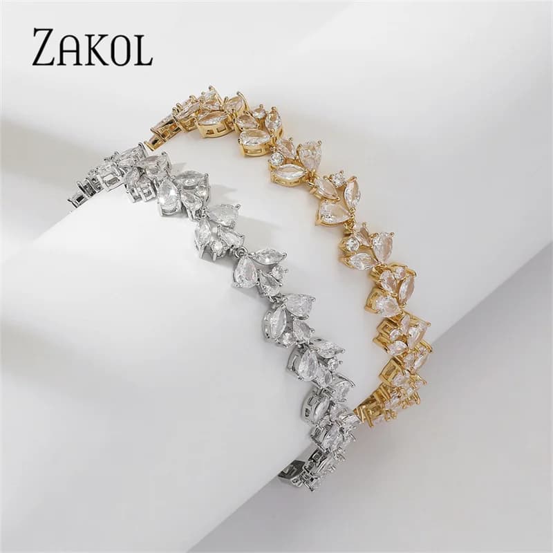 ZAKOL Braccialetti di lusso con foglie di zirconi cubici Braccialetti per le donne Gioielli per feste di nozze con piante shinny 2023 Nuovo