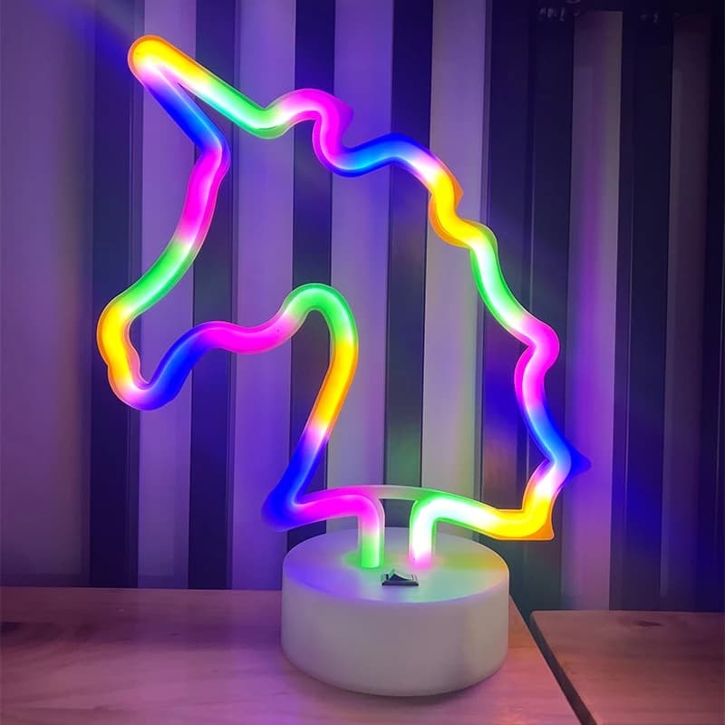 Insegne al neon a forma di unicorno con base, luce a LED, illuminazione d'atmosfera per parete, lampada da notte per compleanno, festa, stanza di e-sport, decorazione
