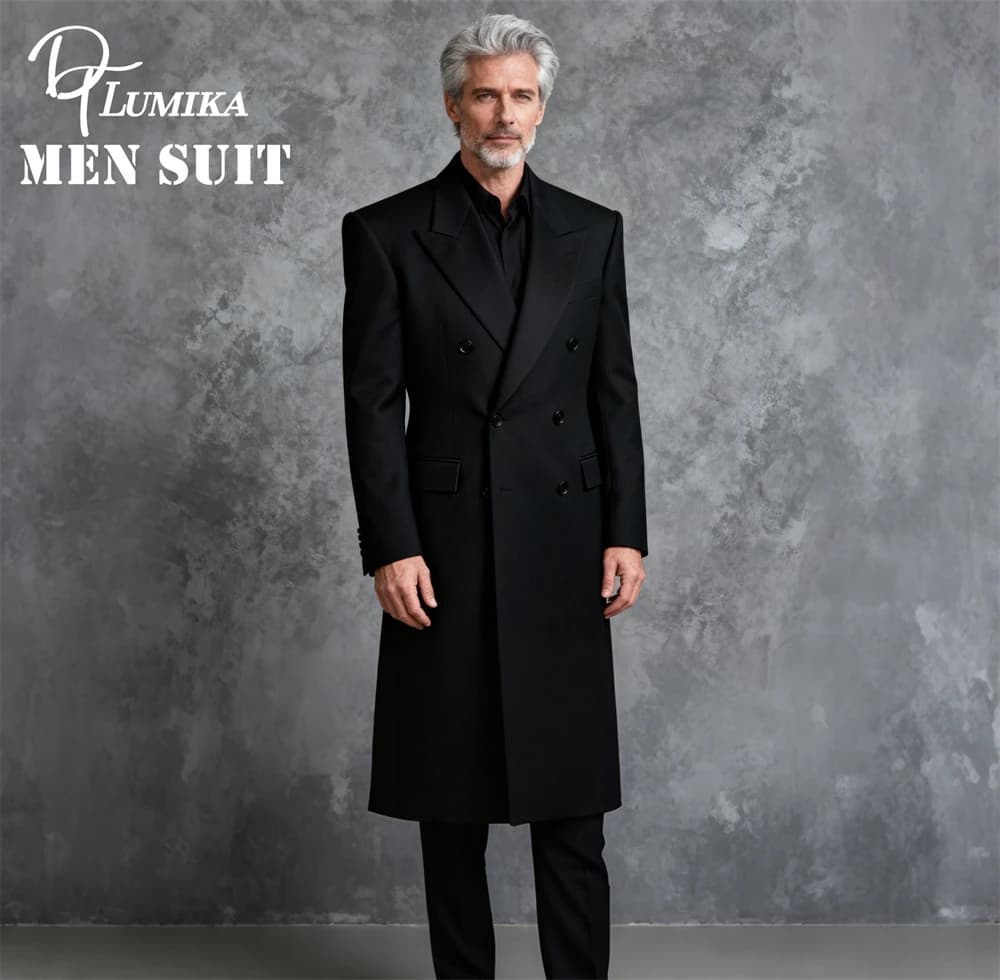 DTLumika- Cappotto da uomo con spalla larga, giacca lunga doppiopetto, XXS-7XL Abito formale da uomo Abiti neri