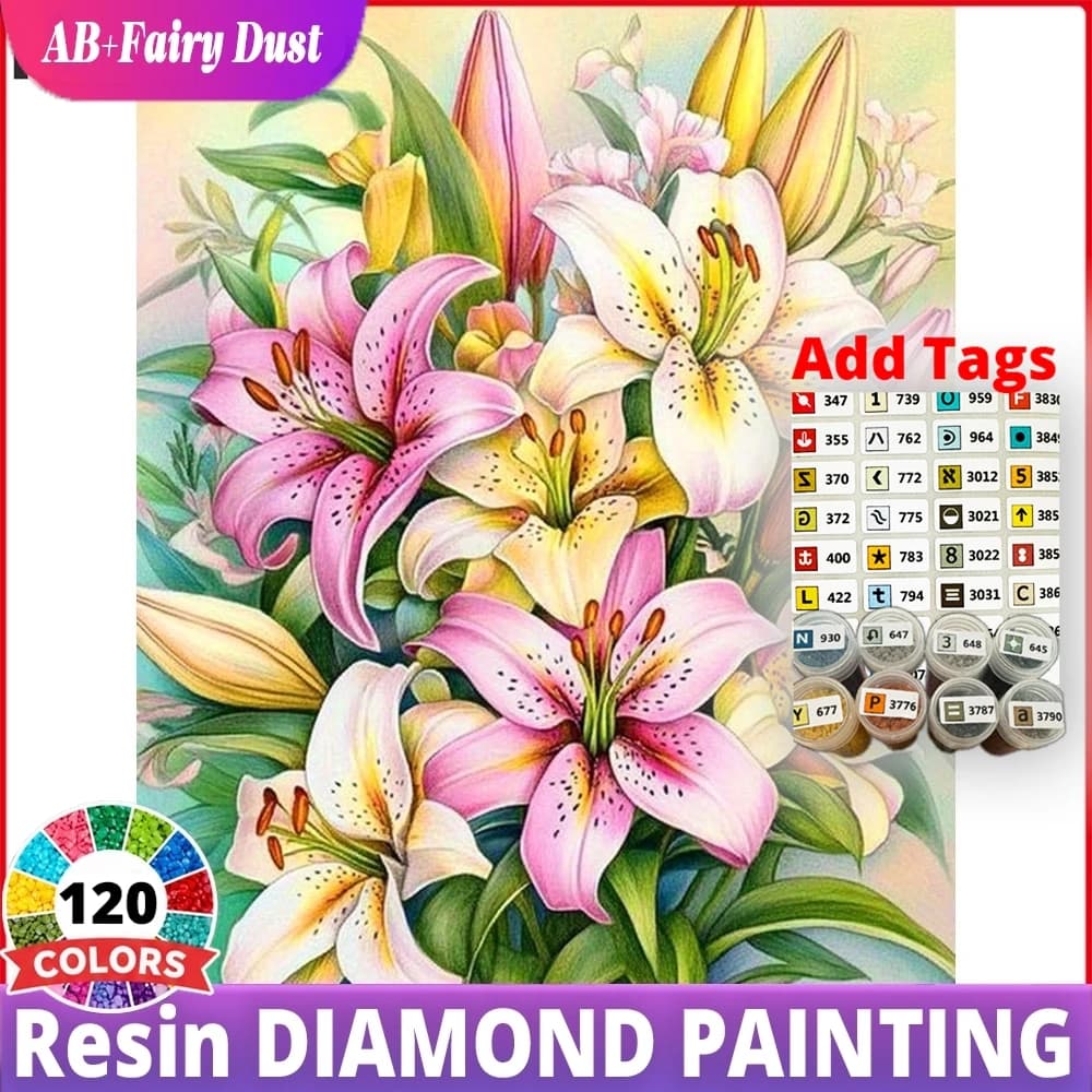 120 Color Resin DIY Diamond Mosaic Pink Lilies Full Square Round Romantic Art AB Fairy Dust Flower Embroidery Wall Decor