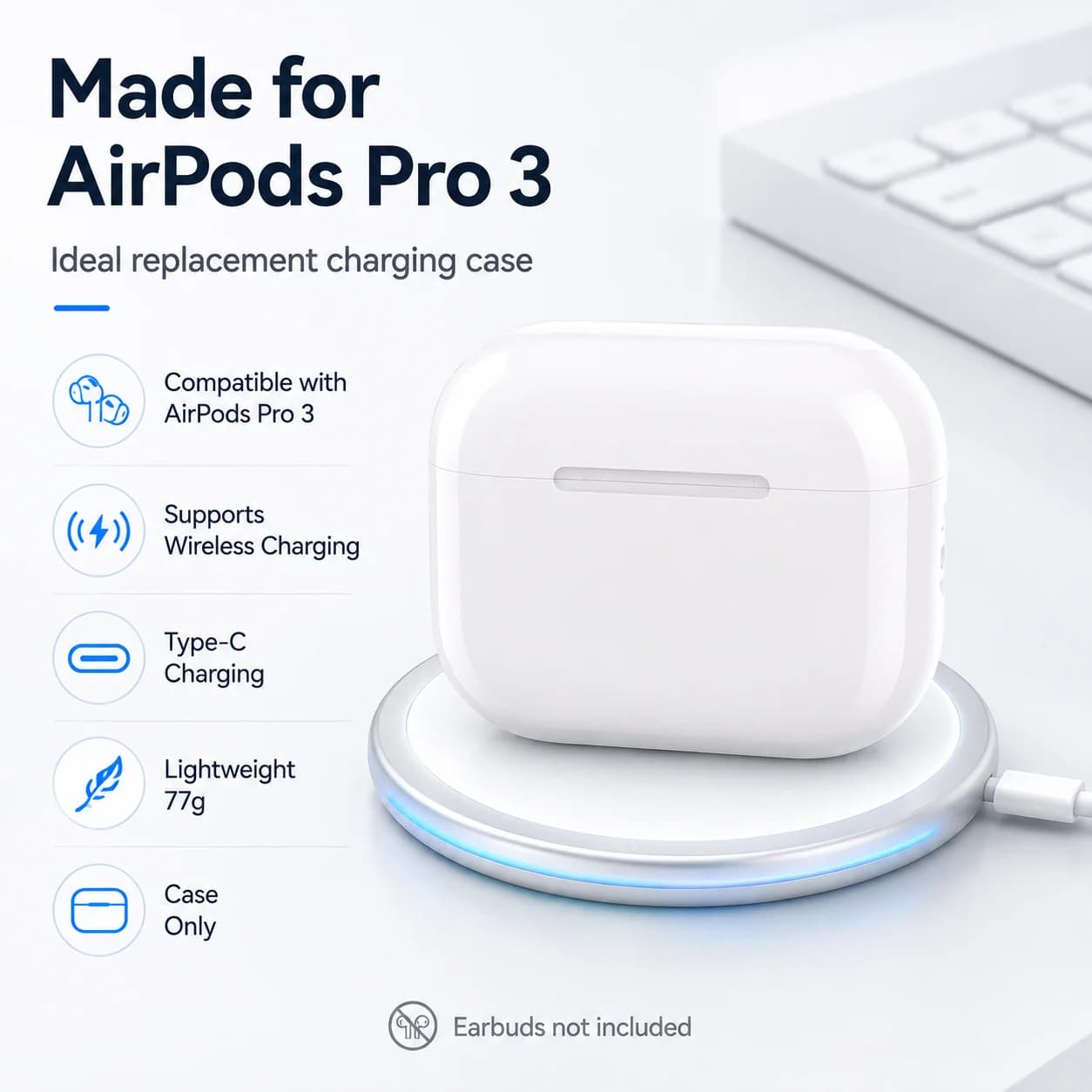 Charger Case Replacement For Airpods Pro 3 Wireless Earbuds Charging Case Wired & Wireless Charging Case 450mAh Large Capacity