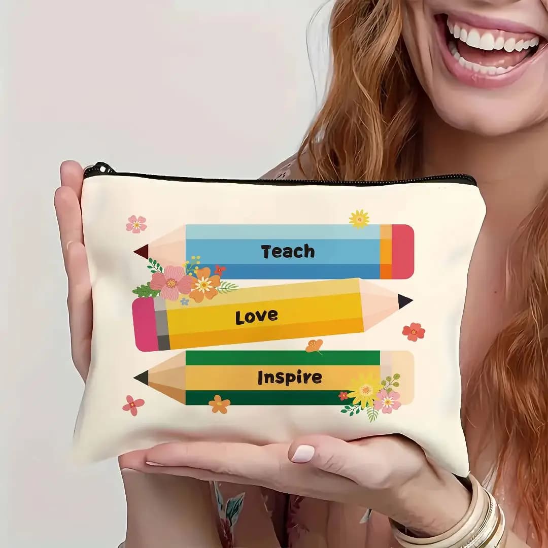 Borsa per il trucco regalo ATeacher's Day: simpatica custodia multifunzionale con cerniera per donna, borsa per riporre gioielli