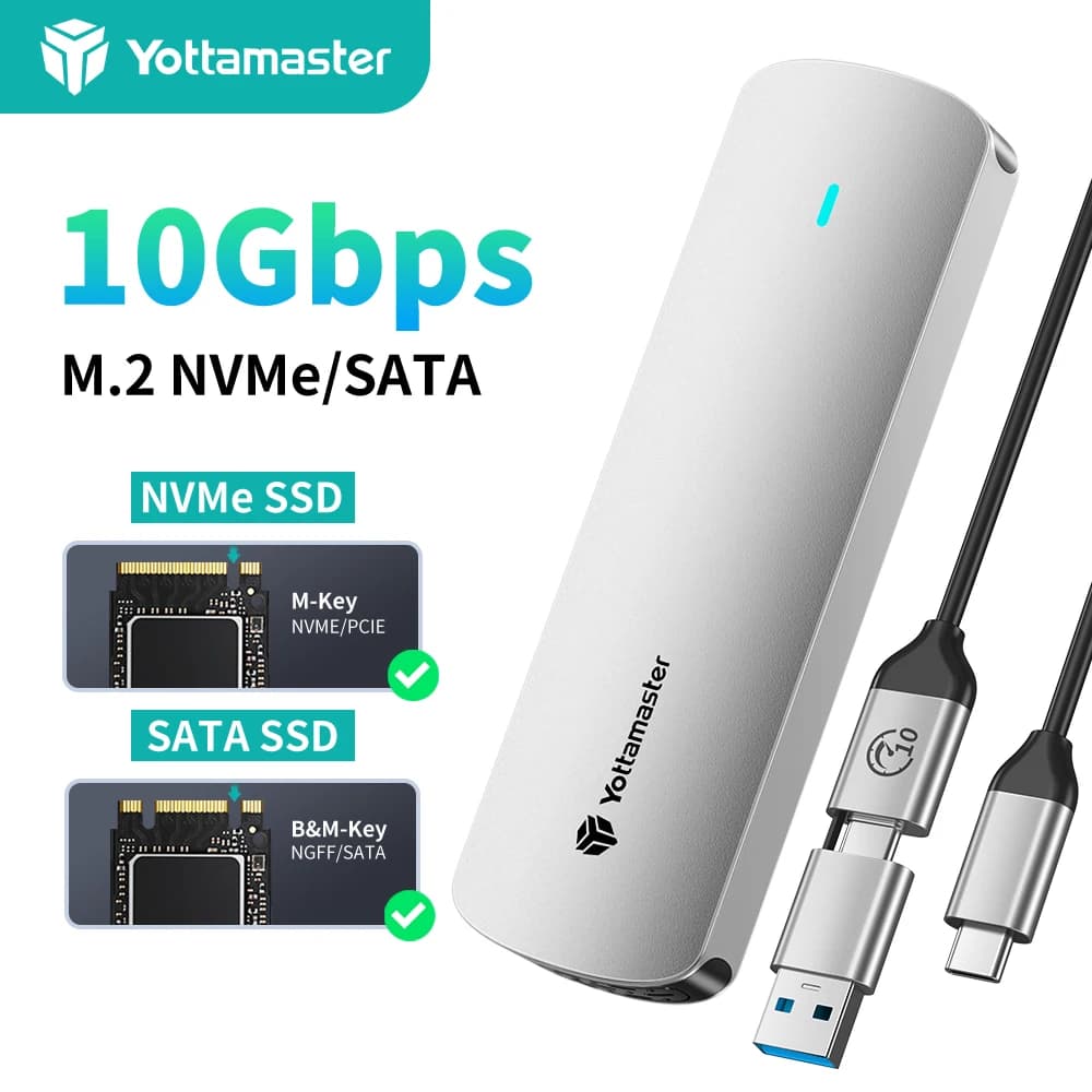 Custodia SSD Yottamaster M.2 Custodia SSD PCIE NVMe da 10 Gbps e custodia SSD SATA 5 Gbps AHCI USB C Scatola per disco rigido esterno a doppio protocollo