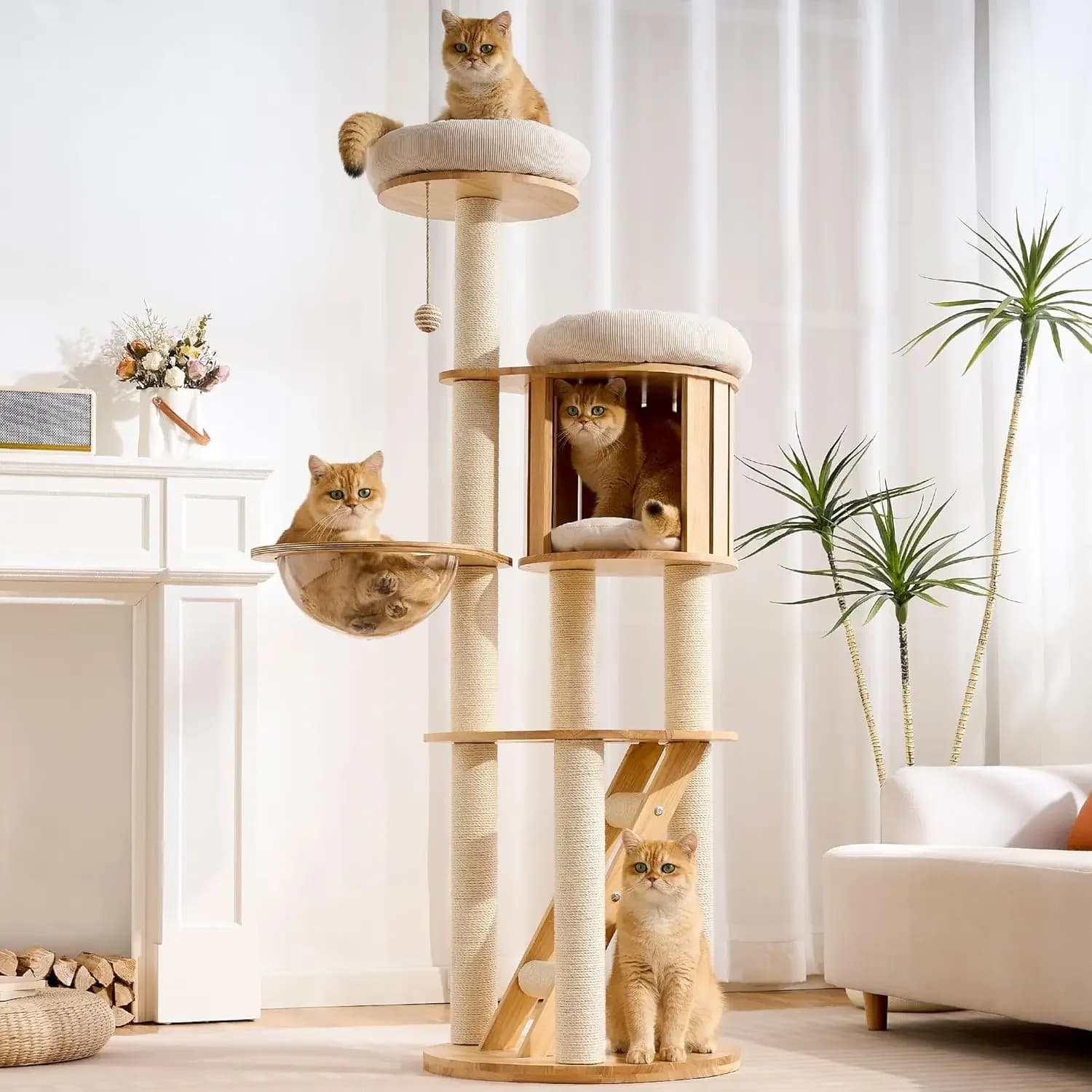 Solid Wood Cat Tree Tower With Scratching Post Tall Cat Tower With Capsule Condo Modern Cat Tower With Climbing Ladder Top Bed F