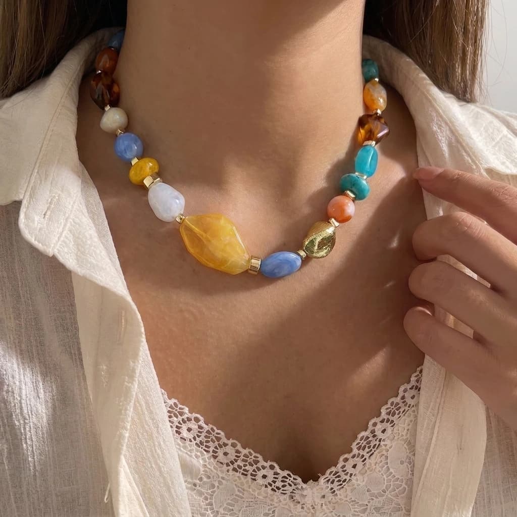 Bohemian Color Gradient Acrylic Beaded Necklace for Women Sweet Irregular Geometric Clavicle Chain Party Jewelry Gift