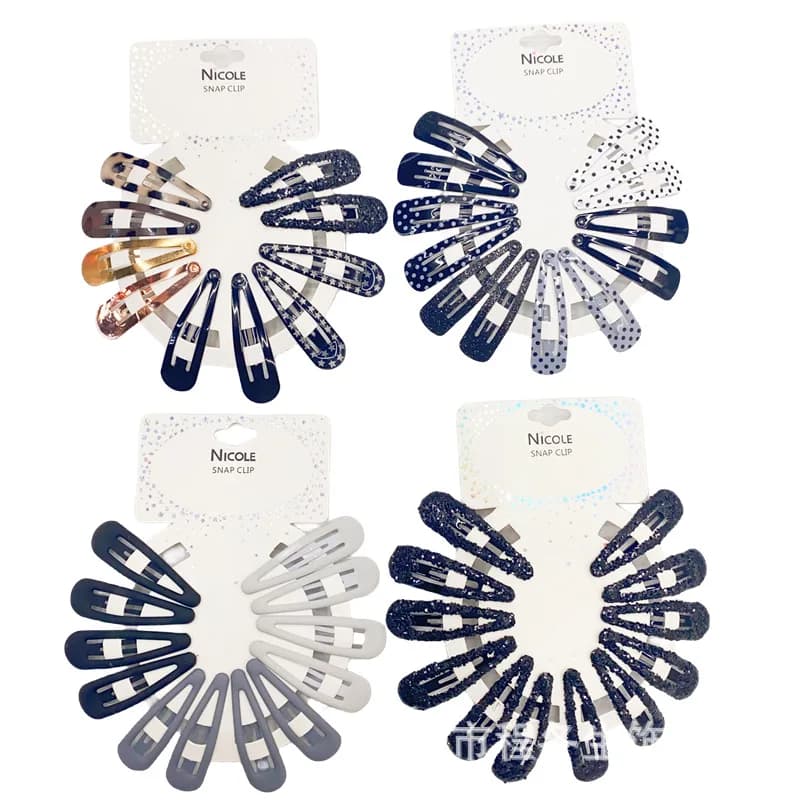 Set of black hair clips, duck beak clasp with printed glitter, hair accessories with round women's package